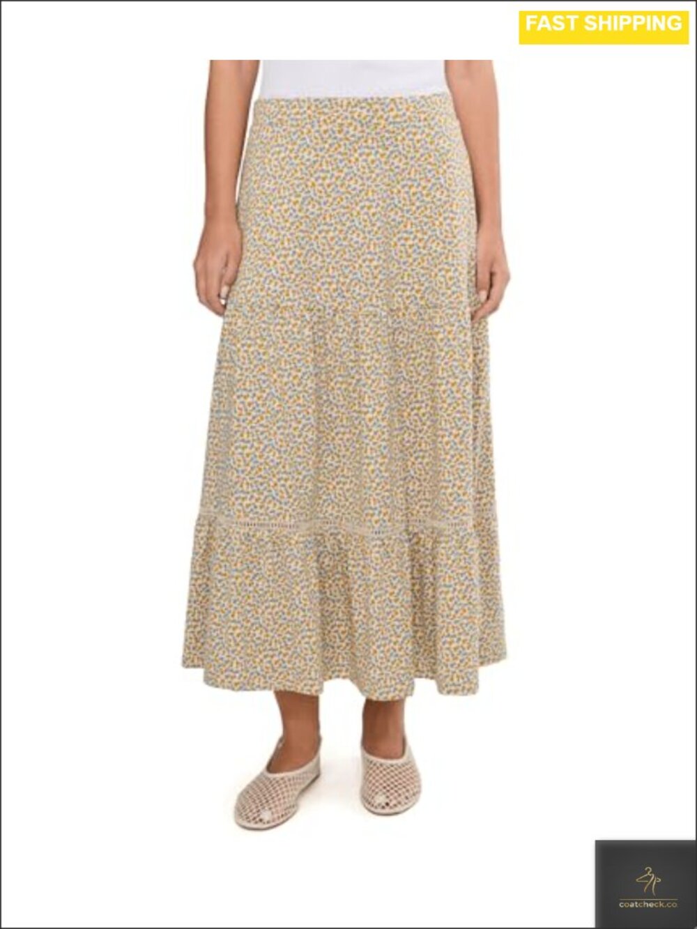 Tiered Midi Skirt with Elastic Waist and Pockets Ladder Trim Workwear